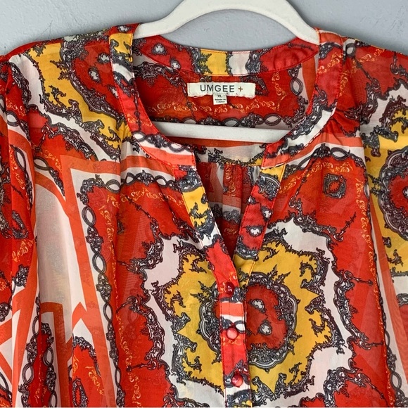 UMGEE sheer orange and yellow paisley 3/4 length sleeve. Size XL - Picture 5 of 10